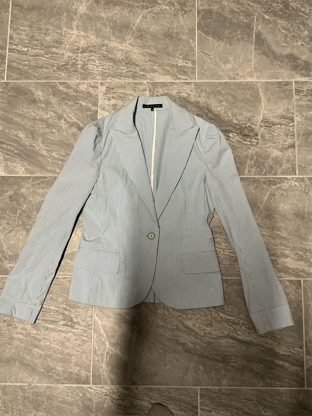 Theory Light Blue and White Striped Tailored Blazer